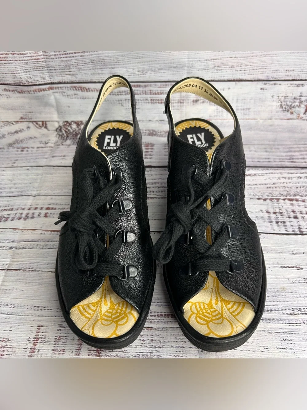 Fly London Lace Up Wedge Sandals Black Leather Women’s Size US 8-8.5/ EU 39